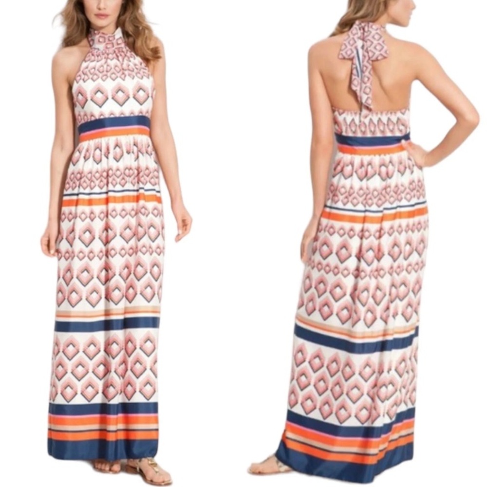 Eliza J Halter Printed Maxi Dress Women Sz 16 Coral Navy Cottagecore Feminine